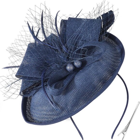 Women Fascinator Hat Mesh Feathers Flower Clip Headband Tea Party Accessory - Picture 1 of 7